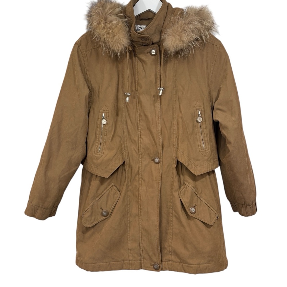 Bernardo Faux Suede Fall Winter Coat Size Small Raccoon Fur Trim Hood Womens